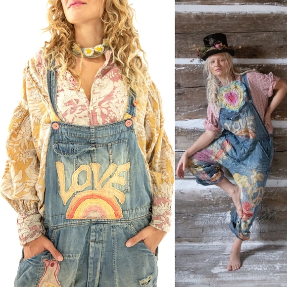 New Magnolia Pearl Love Applique Overalls Woodstock 032 Overall Denim Jeans jean - Picture 8 of 17